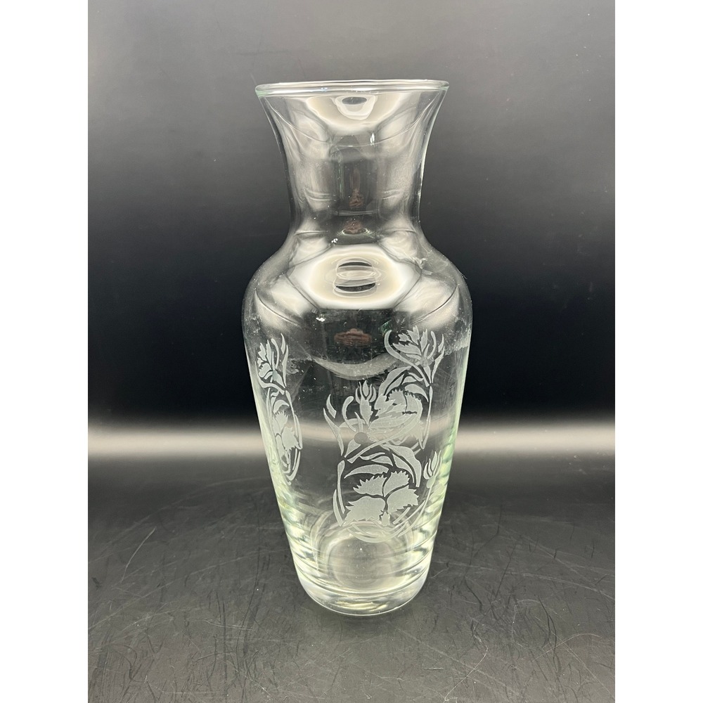 Clear Glass Flower Vase with Etched Floral Design Elegant Home Decor Vtg 9" Tall